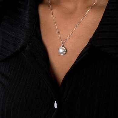 Gemistry Sterling Silver Cubic Zirconia & Freshwater Cultured Pearl Halo Pendant Necklace