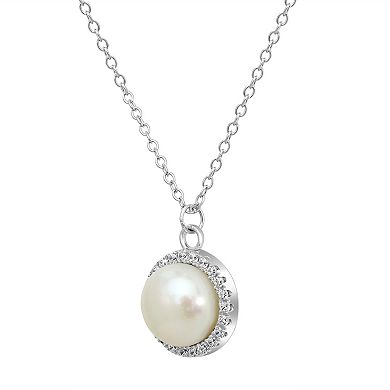 Gemistry Sterling Silver Cubic Zirconia & Freshwater Cultured Pearl Halo Pendant Necklace