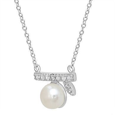 Gemistry Sterling Silver Cubic Zirconia & Freshwater Cultured Pearl Leaf Stick Necklace