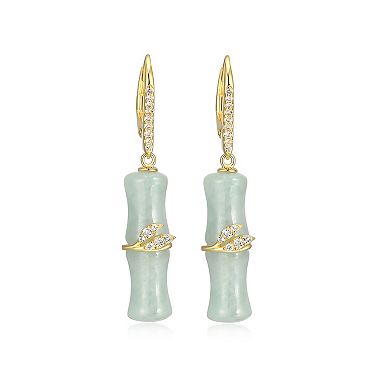 Dynasty Jade 18k Gold over Sterling Silver Green Jade & White Topaz Bamboo Motif Drop Earrings