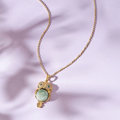 Dynasty Jade 18k Gold over Sterling Silver Genuine Jade, Blue Topaz, & Cubic Zirconia Owl Pendant Necklace