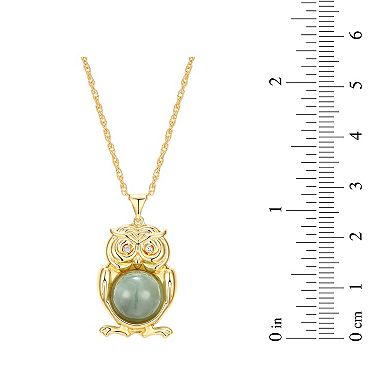 Dynasty Jade 18K Gold over Sterling Silver Genuine Jade & Diamond Accent Owl Pendant Necklace