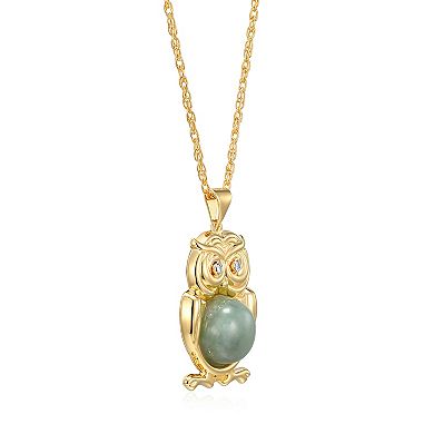 Dynasty Jade 18K Gold over Sterling Silver Genuine Jade & Diamond Accent Owl Pendant Necklace