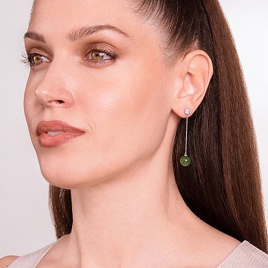 Dynasty Jade Sterling Silver Genuine Nephrite Jade & Lab-Created White Sapphire Bead Drop Earrings