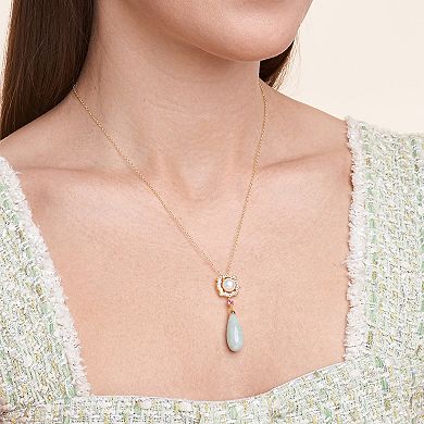 Dynasty Jade 18k Gold over Sterling Silver Genuine Jade, Freshwater Cultured Pearl, White Topaz, & Lab-Created Pink Sapphire Teardrop Pendant Necklace