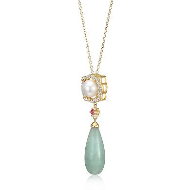 Dynasty Jade 18k Gold over Sterling Silver Genuine Jade, Freshwater Cultured Pearl, White Topaz, & Lab-Created Pink Sapphire Teardrop Pendant Necklace