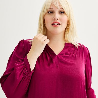 Plus Size Nine West Y-Neck Pintuck Satin Blouse