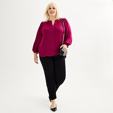 Plus Size Nine West Y-Neck Pintuck Satin Blouse