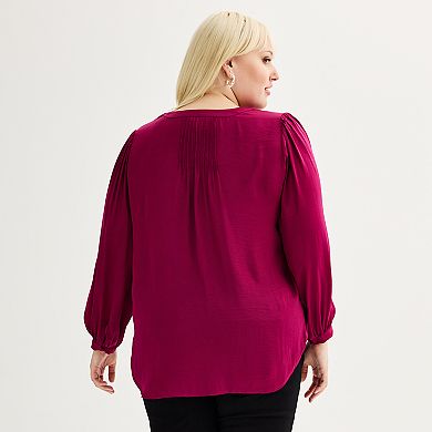 Plus Size Nine West Y-Neck Pintuck Satin Blouse