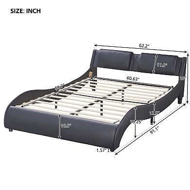 Merax Queen Size Upholstered Faux Leather Platform Bed with LED Light Bed Frame with Slatted