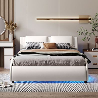 Merax Upholstered Faux Leather Platform Bed with LED Light Bed Frame with Slatted
