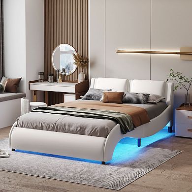 Merax Upholstered Faux Leather Platform Bed with LED Light Bed Frame with Slatted