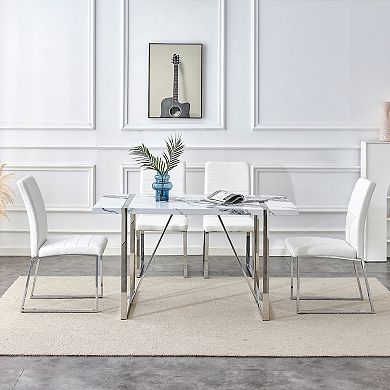 Merax Dining Table Chairs Set，faux Marble Modern Dining Table & Leather Chairs