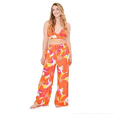 Women's Freshwater Tropical Print High Smocked Waistband Swim Cover-Up Pants