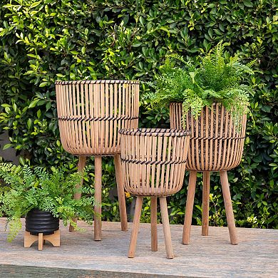 Set of 3 Natural Brown Wood Outdoor Footed Planters on Angled Legs 30"