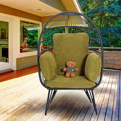 Oversized Wicker Egg Basket Chair Lounger With Stand Cushion For Patio Balcony