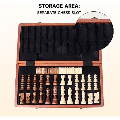 15" Large Wooden Folding 2-in-1 Chess and Checkers Board Game Combo Set with Storage