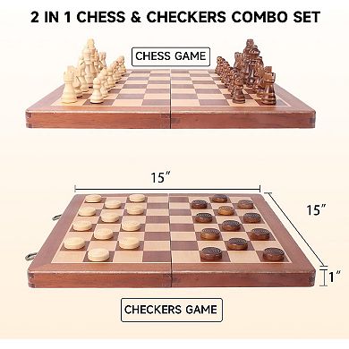 15" Large Wooden Folding 2-in-1 Chess and Checkers Board Game Combo Set with Storage