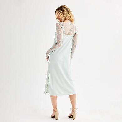 Juniors' Rewind Lace Long Sleeve Top and Satin Slip Dress