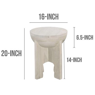 Tomas 20 Inch Side End Table, Mango Wood Drum Top, Classic Washed White