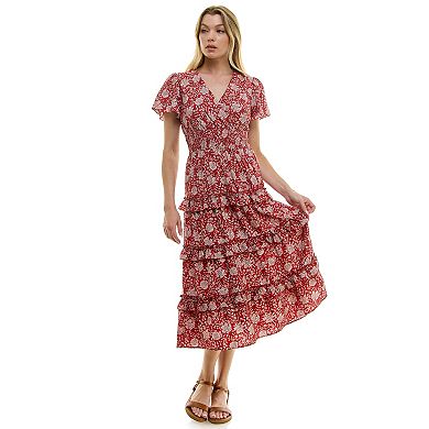 Juniors Lily Rose Printed Ruffle Tiered V-Neck Midi Dress