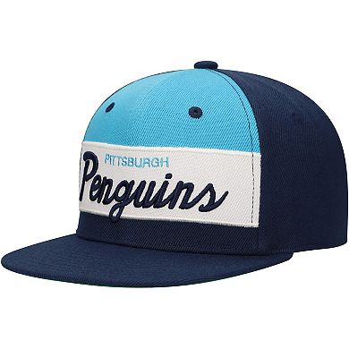Youth Mitchell & Ness Navy/Light Blue Pittsburgh Penguins Retro Script Color Block Adjustable Hat