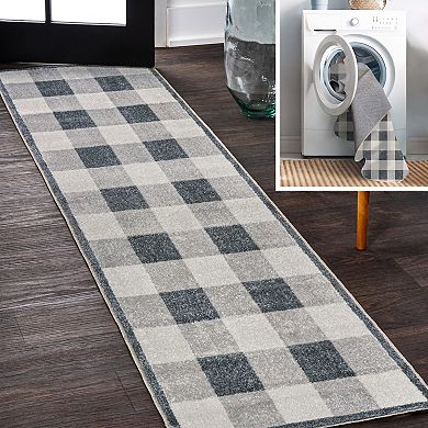 Gingham Gradient Plaid Cottage Machine-washable Runner Rug