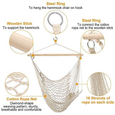 Hammock Chair Hanging Rope Swing With Wooden Stick, 220lbs Load, Patio Porch Indoor
