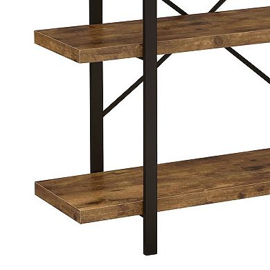 Ana 40 Inch Wood Bookcase, 3 Shelves, Crossed Metal Design, Rustic Brown