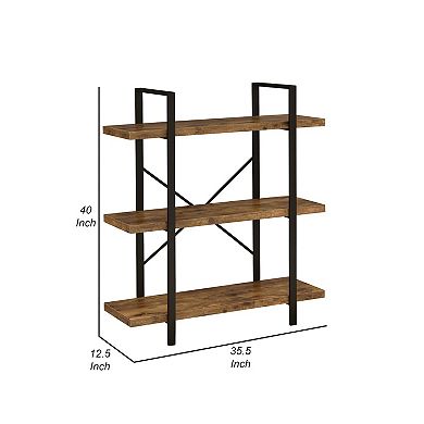 Ana 40 Inch Wood Bookcase, 3 Shelves, Crossed Metal Design, Rustic Brown