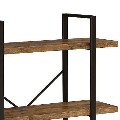 Ana 40 Inch Wood Bookcase, 3 Shelves, Crossed Metal Design, Rustic Brown