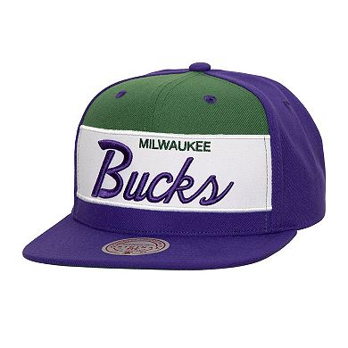 Men's Mitchell & Ness White/Purple Milwaukee Bucks Retro Sport Color Block Script Snapback Hat