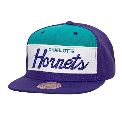 Men's Mitchell & Ness White/Purple Charlotte Hornets Retro Sport Color Block Script Snapback Hat