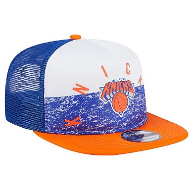 Men's New Era Blue New York Knicks Arch A-Frame Trucker 9FIFTY SnapbackÂ Hat