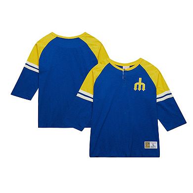 Men's Mitchell & Ness Royal Seattle Mariners Cooperstown Collection Legendary Raglan Slub Henley 3/4-Sleeve T-Shirt