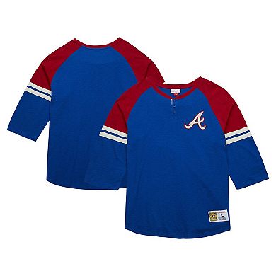 Men's Mitchell & Ness Royal Atlanta Braves Cooperstown Collection Legendary Raglan Slub Henley 3/4-Sleeve T-Shirt