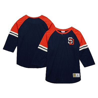 Men's Mitchell & Ness Navy San Diego Padres Cooperstown Collection Legendary Raglan Slub Henley 3/4-Sleeve T-Shirt