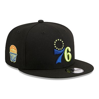 Men's New Era Black Philadelphia 76ers Neon Pop 9FIFTY Snapback Hat