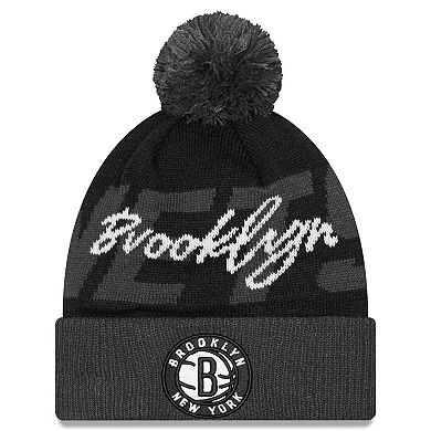 Men's New Era Black/Gray Brooklyn Nets Confident Cuffed Knit Hat with Pom