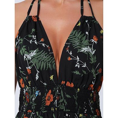 Halter Neck Boho Dress For Women Sleeveless Elastic Waist Floral Maxi Dresses Summer Sundress