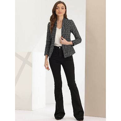 Tweed Blazer For Women's Long Sleeve Collarless Work Office Plaid Jackets