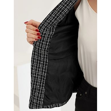 Tweed Blazer For Women's Long Sleeve Collarless Work Office Plaid Jackets