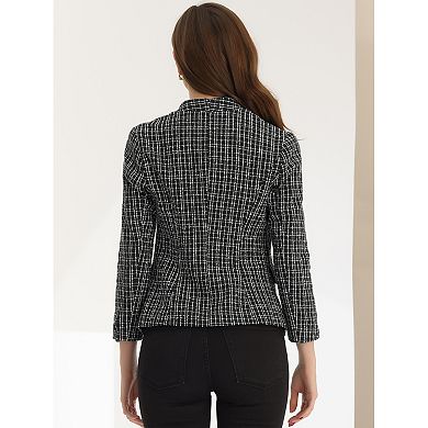 Tweed Blazer For Women's Long Sleeve Collarless Work Office Plaid Jackets