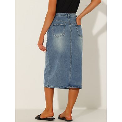 Midi Denim Skirt For Women's High Waist Slit Front With Pockets Jean Skirts