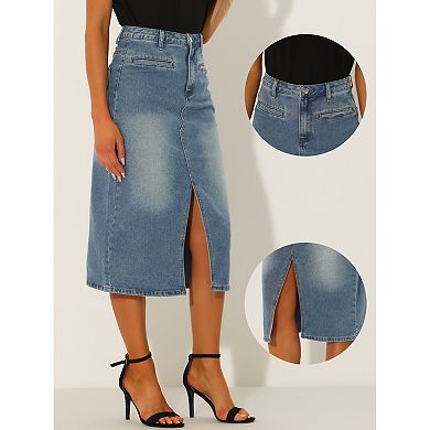 Midi Denim Skirt For Women's High Waist Slit Front With Pockets Jean Skirts