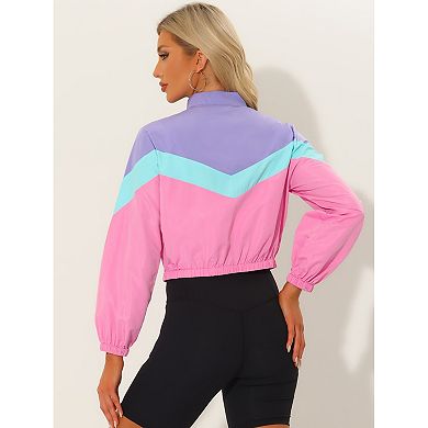 Color Block Jacket For Women's Stand Collar Zip Up Long Sleeve Casual Crop Jacket