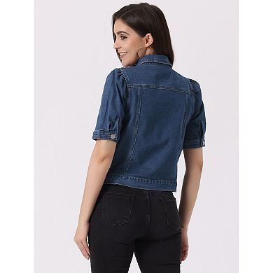 Casual Jacket For Women's Short Puff Sleeves Button-down Jean Denim Jacket
