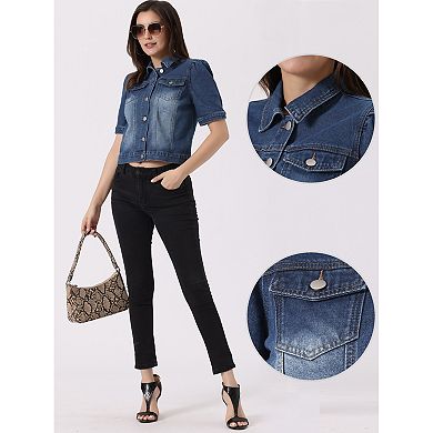 Casual Jacket For Women's Short Puff Sleeves Button-down Jean Denim Jacket