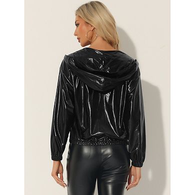 Women's Holographic Hooded Shiny Casual Long Sleeve Zipper Metallic Jacket