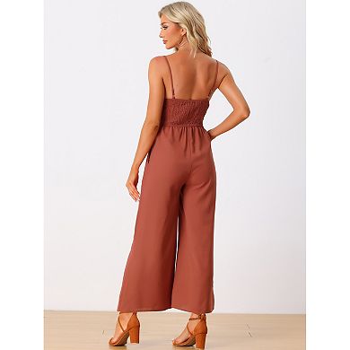 Women's Casual Sleeveless Cut Out Smocked Loose Wide Leg Romper Summer Jumpsuits